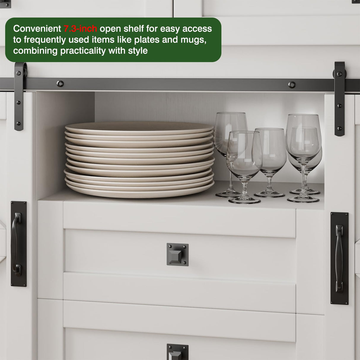 PLYFOU 55" Farmhouse Buffet Cabinet, Kitchen Sideboard with Sliding Barn Doors and 4 Drawers, Rustic Wood Storage Cabinet with Adjustable Shelves, 35'' Tall Coffee Bar Table for Dining Room, White PLYFOU