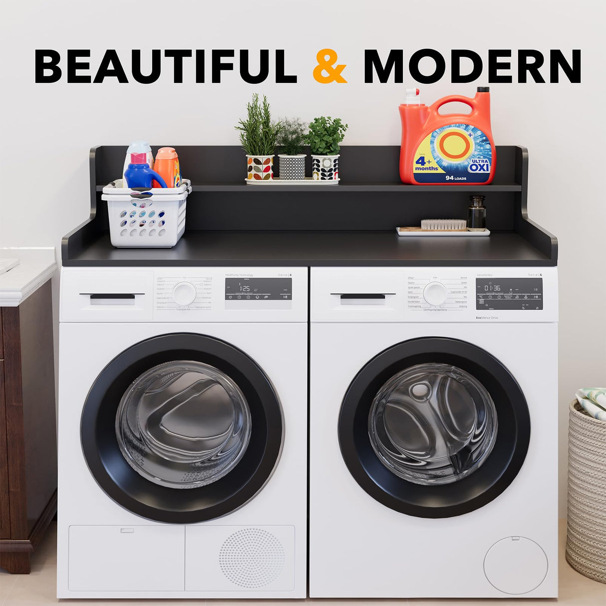 SpaceAid Washer Dryer Countertop with 2-Tier Shelf, Wood Topper with Edge, 54" Width x 27.5" Depth Cover Organizer Guard for Washer and Dryer Counter Laundry Hamper Storage (Black) SpaceAid