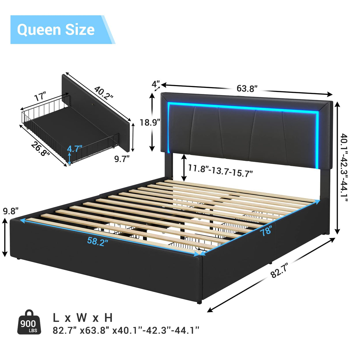 DICTAC Modern Black Faux Leather Queen LED Bed Frame with 4 Storage Drawers and USB Ports DICTAC
