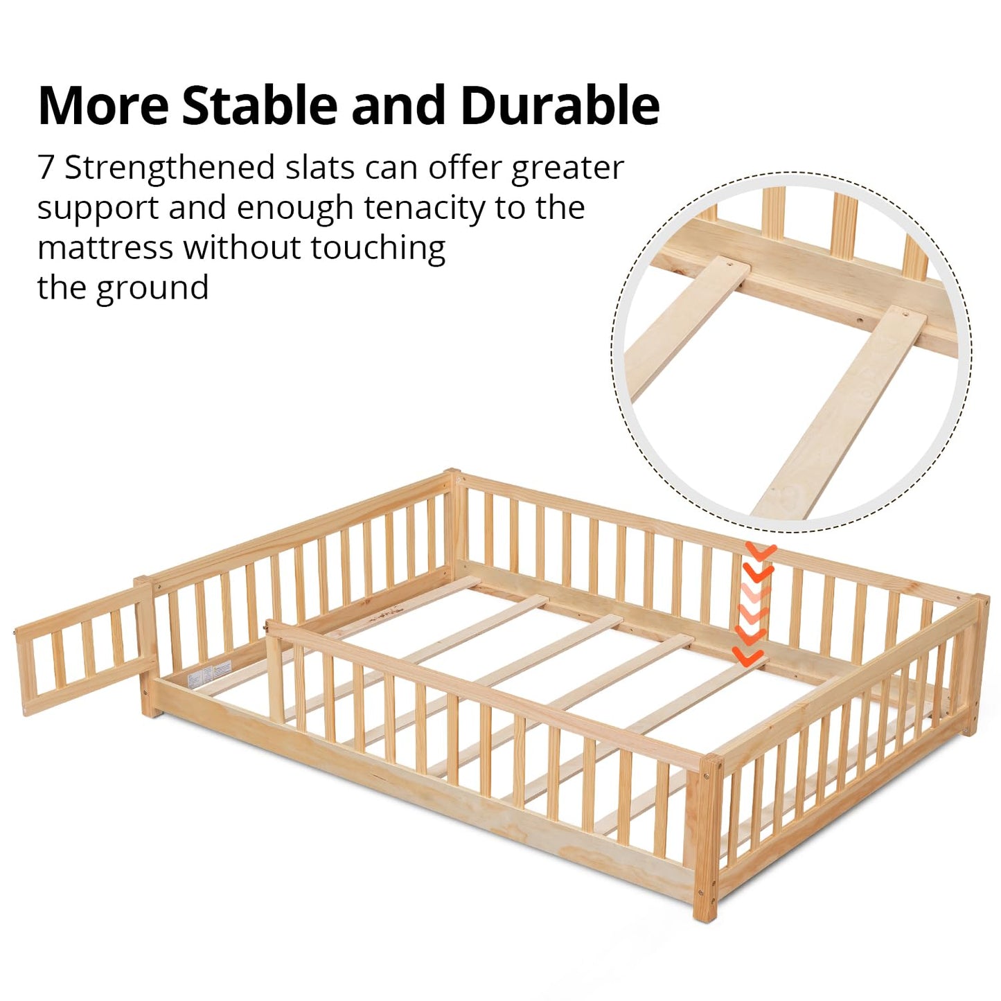 i-POOK Natural Twin Floor Bed Frame for Children with Safety Fence & Door - WoodArtSupply