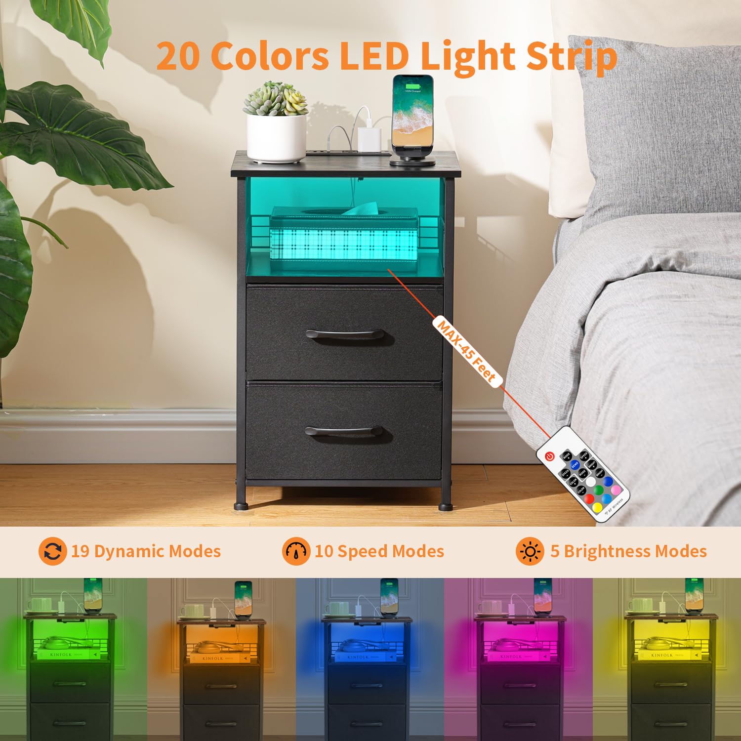 LAKEMID Nightstands Set of 2 with Charging Station, Night Stand with 20 Colors LED Lights and Fabric Drawer, Side Tables Bedroom, End Table with USB ports and Outlets for Living Room, Office  - WoodArtSupply