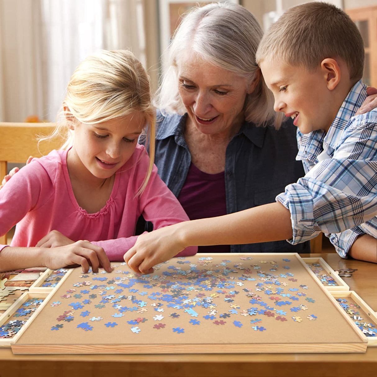 WOOD CITY Puzzle Board, 1000 Piece Wooden Jigsaw Puzzle Board with Drawers, 30” x 22” Portable Puzzle Table with Covers and Lazy Susan, Rotating Jigsaw Puzzle Table for Kids and Adults WOOD CITY