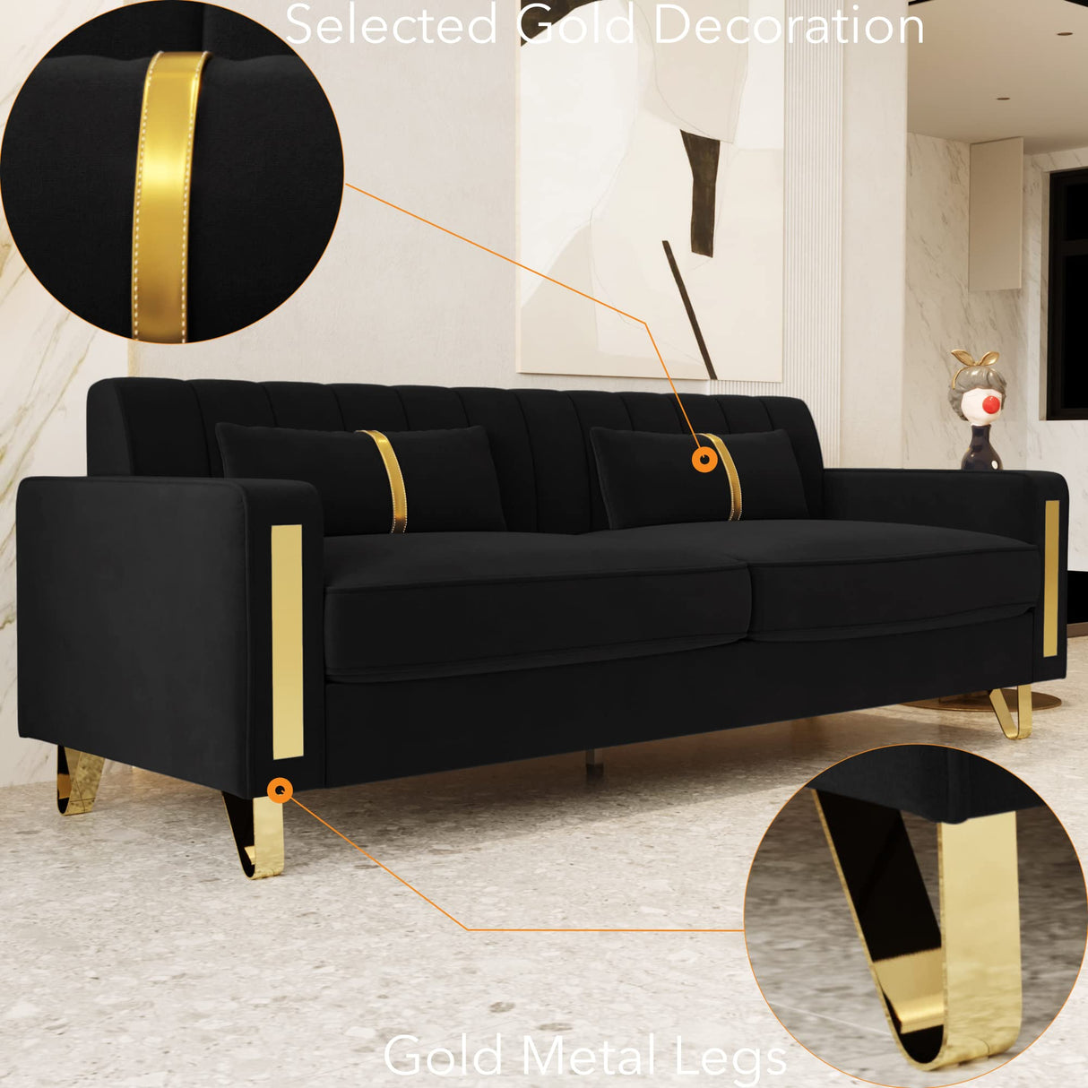 yunqishi 85.63" Modern Black Velvet Sofa with Gold Metal Legs Large Upholstered Comfy 3 Seater Couches for Living Room Bedroom Office (Black) yunqishi