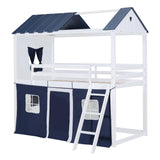 Harper & Bright Designs House Twin Loft Bunk Bed with Tent,Kids Twin Loft Bed with Ladders,Guardrail,Windows & Roof, Wood Twin Over Twin Playhouse Bunk Bed for Kids Teens Boys & Girls (Blue & White) Harper & Bright Designs