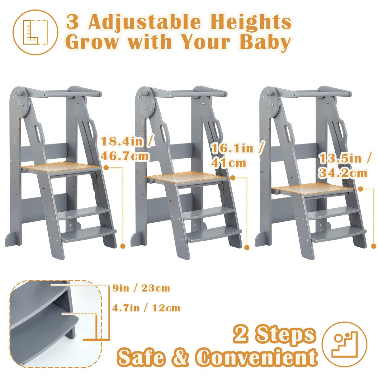 FUNLIO 3-Level Height Adjustable Kitchen Step Stool, Foldable Toddler Tower for Kids 2-6 Years, Montessori Child Standing Tower, CPC & CE, Easy to Assemble, Grey FUNLIO