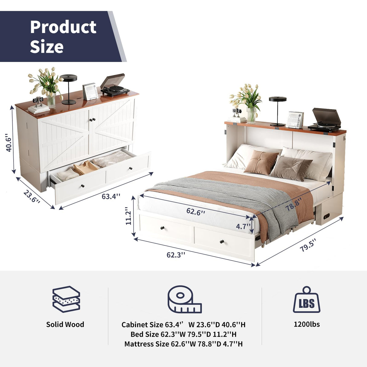 ijuicy Queen Murphy Bed with Storage & Multifunctional Charging Station, Modern Murphy Cabinet Bed with Foldable Panel, Space-Saving Beds for Guest Bedroom,Living Room(White & Brown,with Mattress) ijuicy