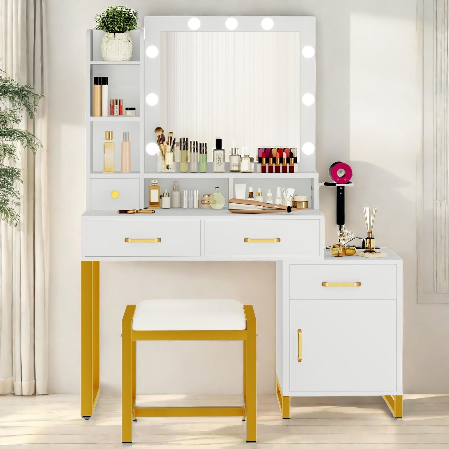 YITAHOME 41.3'' Vanity Desk with Mirror and Lights, Makeup Vanity with Drawers, Shelves, Cabinet, Power Outlet, Dressing Table Set with Stool, 3-Color Adjustable Lighting, Bedroom, Ivory White