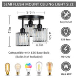 PAUFUL Crystal Semi Flush Mount Ceiling Light,3-Light Modern Close to Ceiling Light Fixtures,Black Kitchen Light Fixtures with Clear Crystal Shade,Hallway Light Fixtures for Hallway Bedroom Bathroom PAUFUL