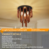 Farmhouse Flush Mount Ceiling Light Fixture, Rustic 3-Light Wood Strip Close to Ceiling Lights,Retro Vintage Red Oak and Black Kitchen Ceiling Lighting for Hallway Bedroom Entryway Living Dining Room Neechicx
