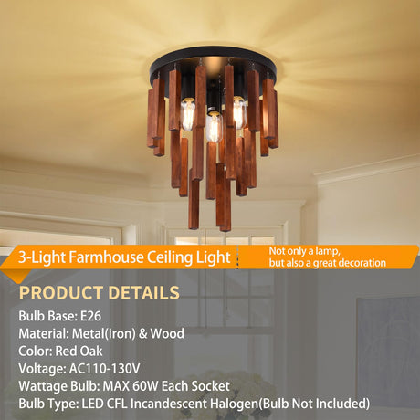 Farmhouse Flush Mount Ceiling Light Fixture, Rustic 3-Light Wood Strip Close to Ceiling Lights,Retro Vintage Red Oak and Black Kitchen Ceiling Lighting for Hallway Bedroom Entryway Living Dining Room Neechicx