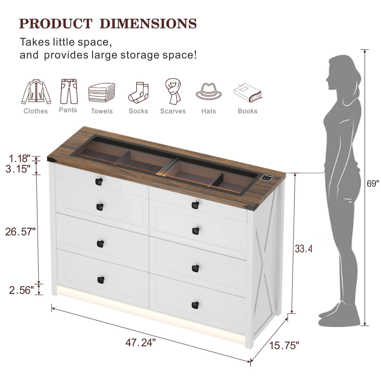 FREDEES Farmhouse Dresser for Bedroom with 8 Drawers, Wood Tall Chest of Drawers with LED Light/Charging Station/Human Sensor, Dressers Organizer for Closet, Living Room, Hallway, Antique White FREDEES