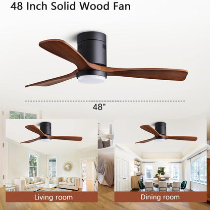 48" Recessed Ceiling Fan, Wooden Ceiling Fan with Lights with Remote Control, Indoor Outdoor Wooden Ceiling Fan with 3 Wooden Blades for Patio, Living Room, Bedroom, Hallway and More.…… - WoodArtSupply