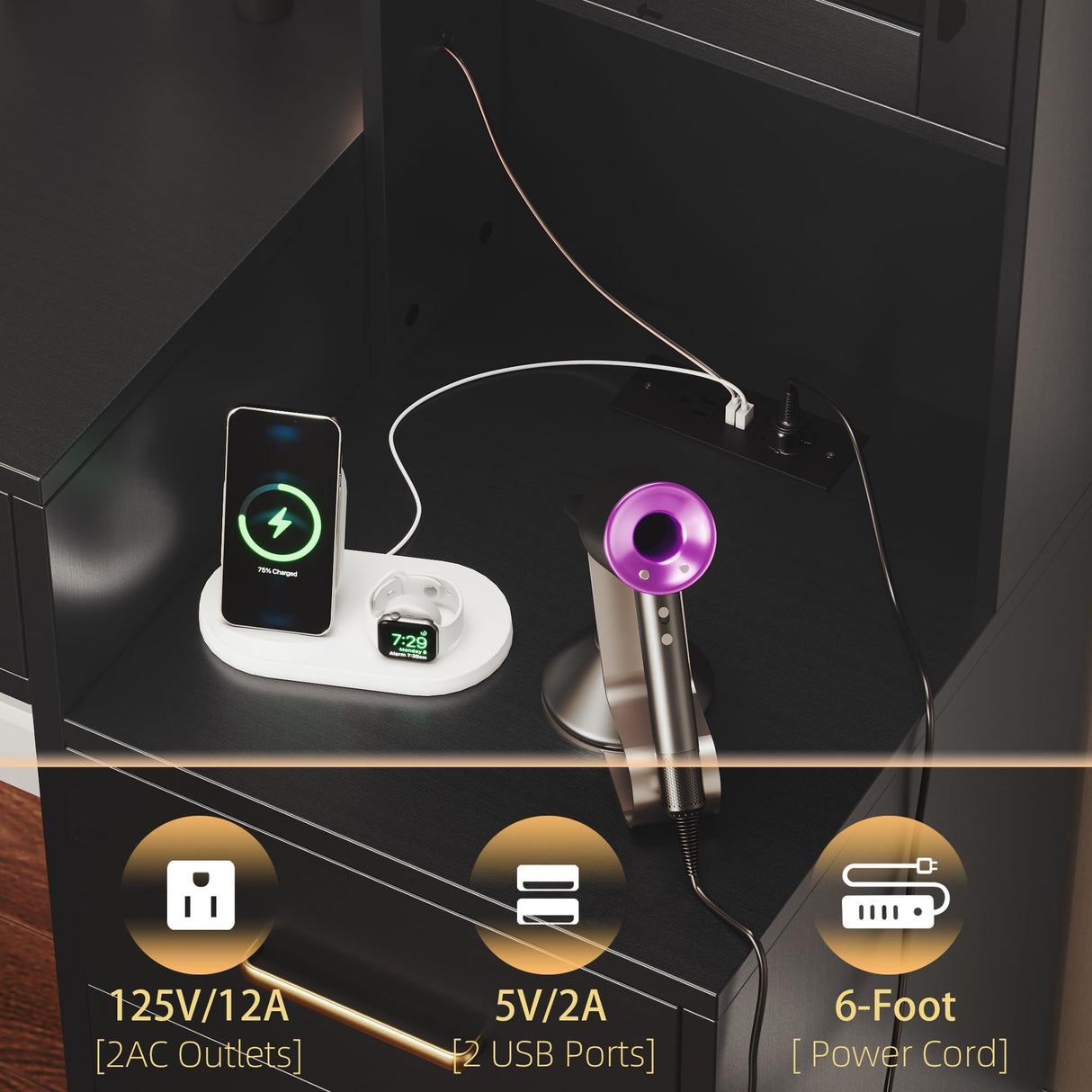 TOKSOM Black Vanity Desk with Mirror, Lights & Charging Station, 58.3" 3 Lighting Modes Makeup Desk with 8 Drawers, 2 Cabinets and Lots Storage, Dressing Table Vanity Set with Lighted Mirror TOKSOM