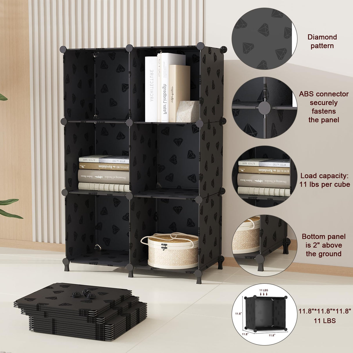 UNKU 6 Cube Storage Organizer, Bookcase Bookshelf with Pattern, Closet Organizer Cabinet, Storage Cube Shelf, Open Storage Shelves for Bedroom, Living Room, Home Office, Black UNKU