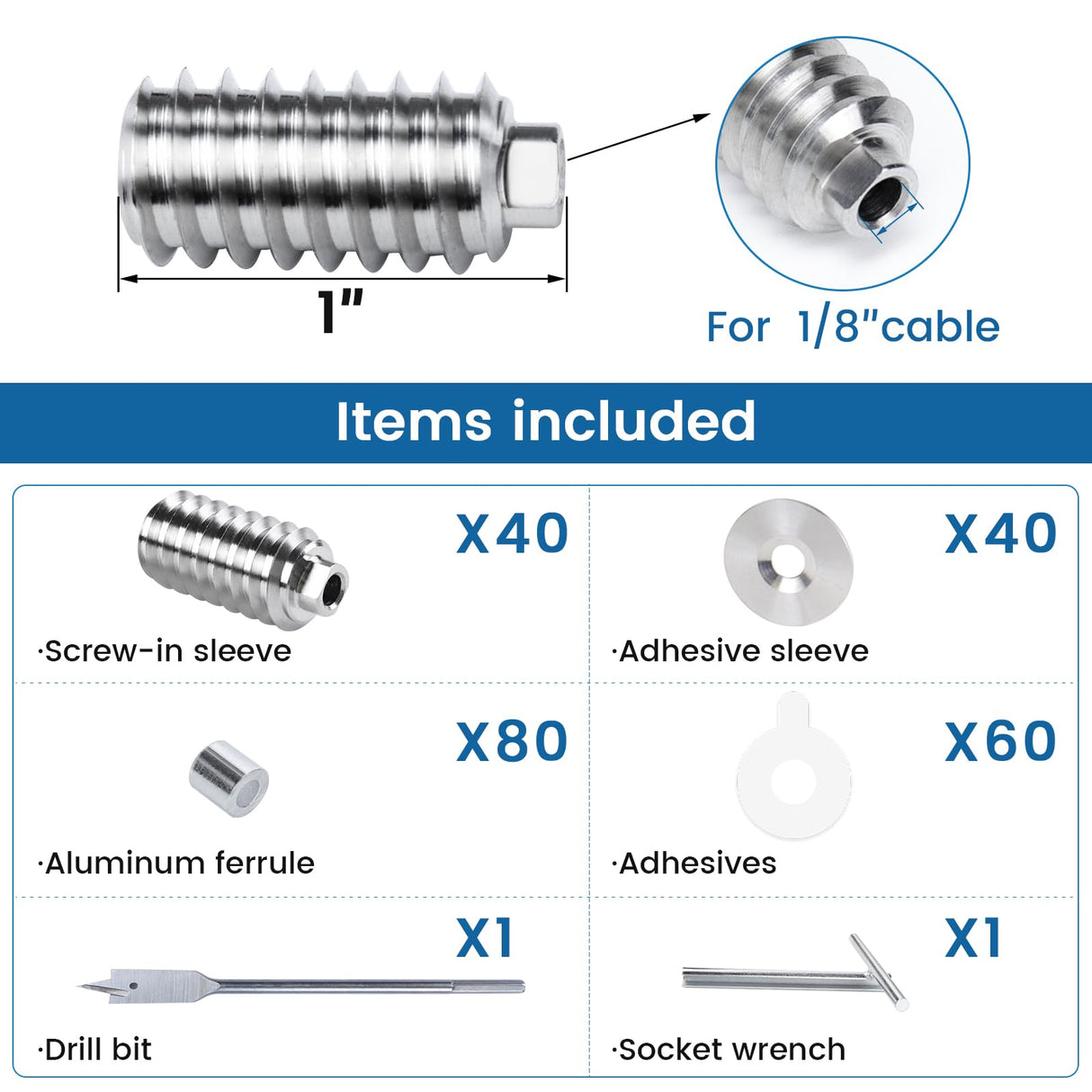 [Patent] Muzata 40 Pack 1/8" Invisible Cable Railing Kit Hardware Swage Lag Screw Hidden for 4x4 6x6 8x8 Wood Posts T316 Stainless Steel Deck Cable Railing System 20 Pairs CR73 Muzata