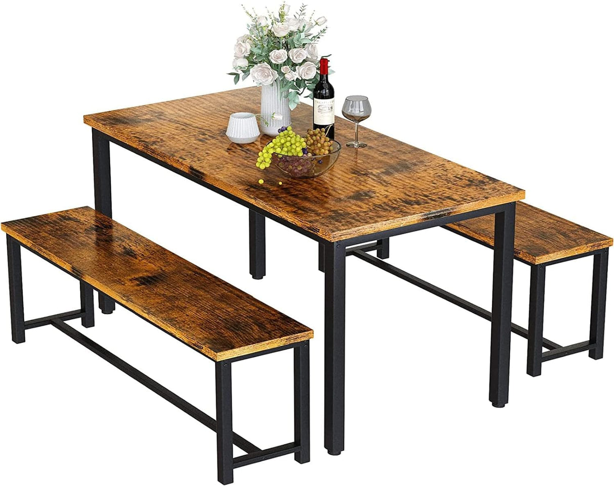 Recaceik Dining Table Set for 4, Kitchen Table Set with 2 Benches, 3 Piece Dining Room Table Set, Modern Wood Kitchen Table and Chairs for Small Spaces, Kitchen,Dining Room, Restaurant, Rustic Brown Recaceik