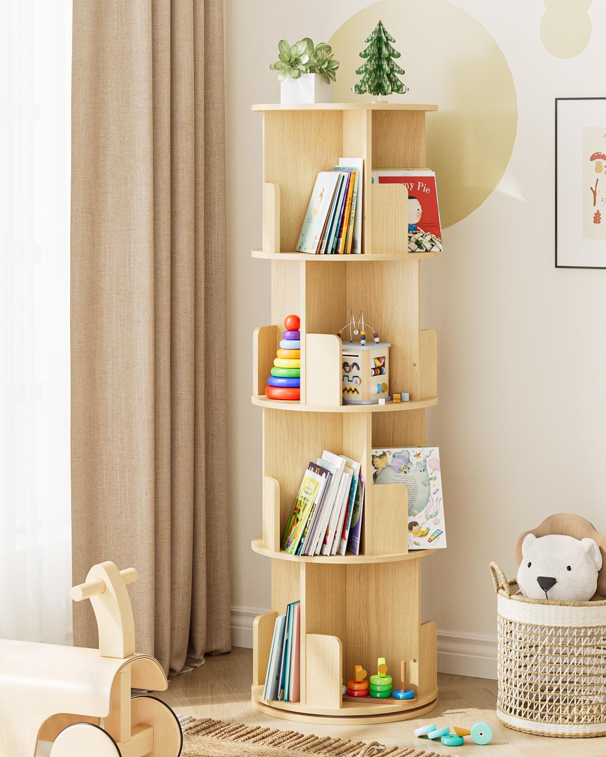 Masupu Rotating Bookshelf, Tall 4 Tier Rotating Spinning Bookshelf Tower, 360 Spinning Floor Standing Bookcase Storage Rack, Conner Rotating Book Shelf for Kids Rooms, Bedroom, Living Room Masupu