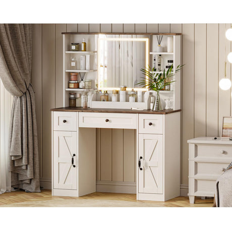 Farmhouse Makeup Vanity Desk with Mirror and Lights, Makeup Vanity with Open Shelves & Power Strip, 3 Lighting Modes Adjustable Brightness, Vanity Table Set with 3 Drawers & 2 Side Cabinet for Bedroom ivaniti