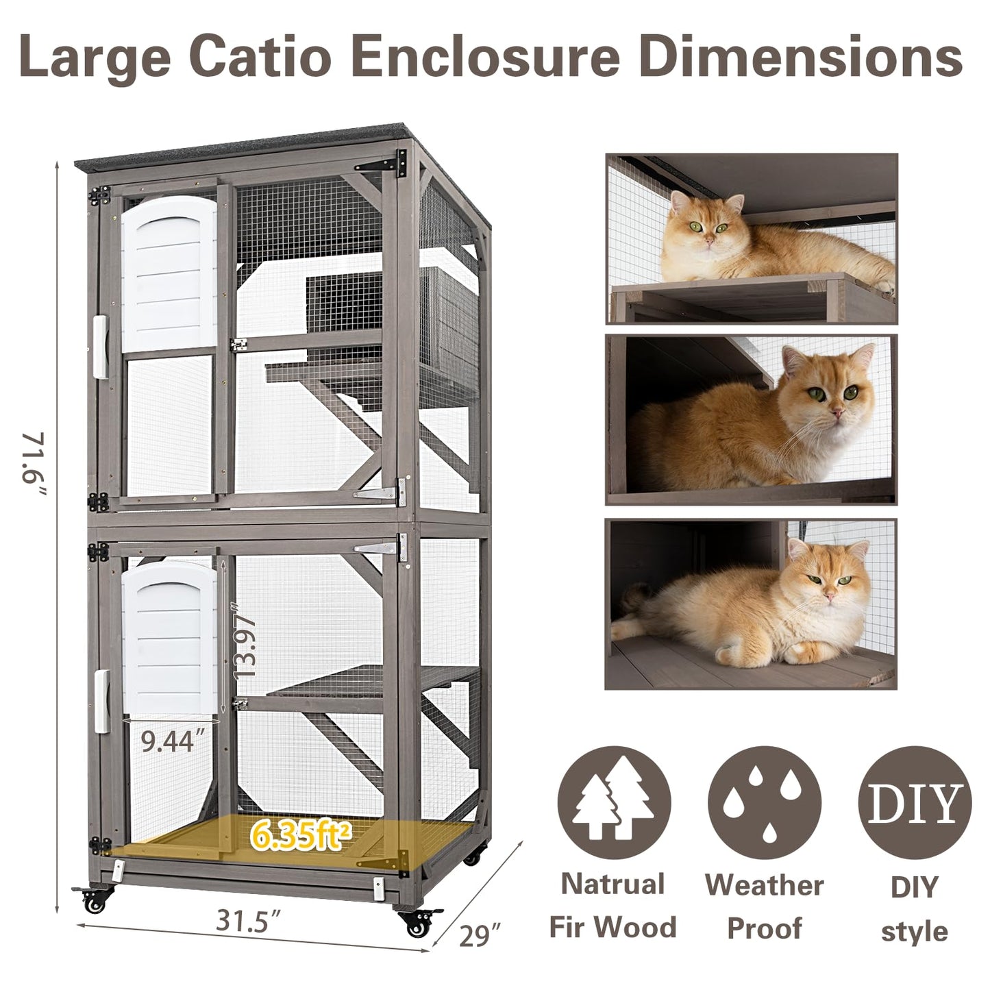 Gowoodhut Catio Cat Enclosures Outdoor for Cats, Wooden Outdoor Cat Enclosure on Wheels Attach to Window Catio, Cat House Weatherproof, Pull-out Tray-Greywhite - WoodArtSupply