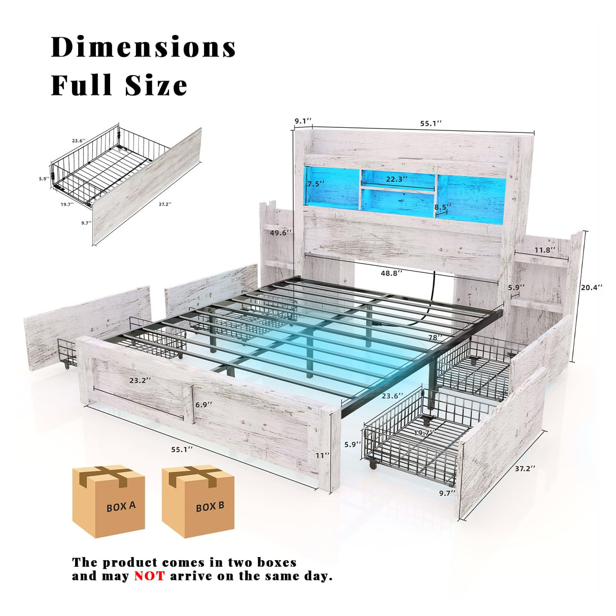 LUXOAK Full Bed Frame with 49.6" Bookcase Headboard & 2 Detachable Bedside Stoage Racks & 4 Drawers, Farmhouse Wood Bed Frame with RGB LED & Charging Station, No Box Spring Needed, Distressed White LUXOAK