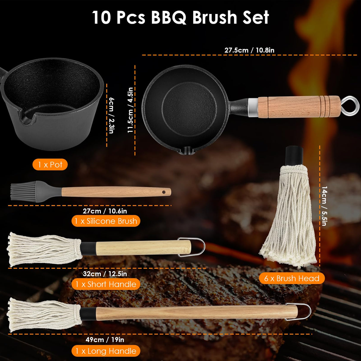 BBQ Mop Brush and Cast Iron Sauce Pot Set, 8Pcs Barbecue Accessories Include Basting Melting Pot, 2 Size Wooden Handle Sauce Mops with 4Pcs Replacements and Oil Brush for Meat Smoker, Grill, Stove PACETAP