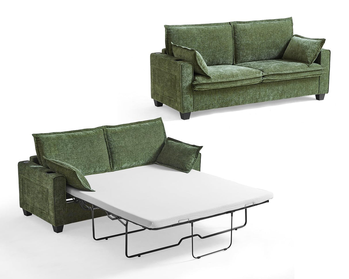 CHIC HOUSE 2-in-1 Pull-Out Sofa Bed, Convertible Chenille Sofa with 20W Fast Charging, LED Light, Foam Couch Layered Cushion Trim, Full/Queen RV Sleeper Sofa, Living Room, Apartment Small Space CHIC HOUSE