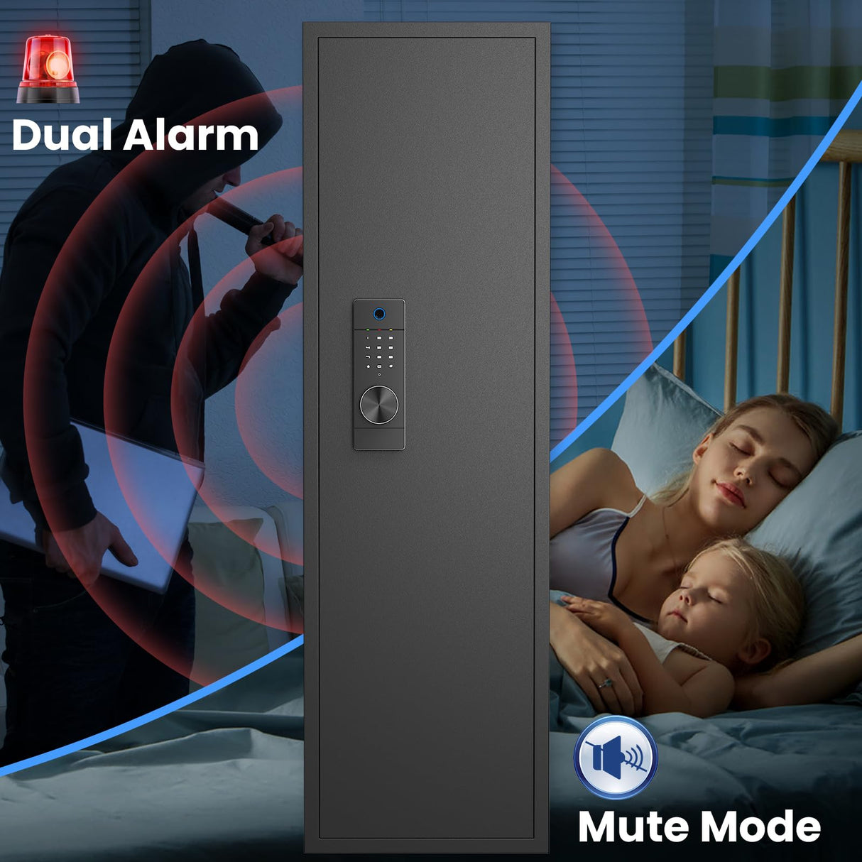 silkight 【2024 New】 Wall Gun Safe, Fingerprint Wall Safe Between The Studs with Dual Alarm ＆ Mute Mode, Hidden Wall Gun Safe for Pistols with Adjustable Shelves, Magnetic Gun Support & Key Hook silkight