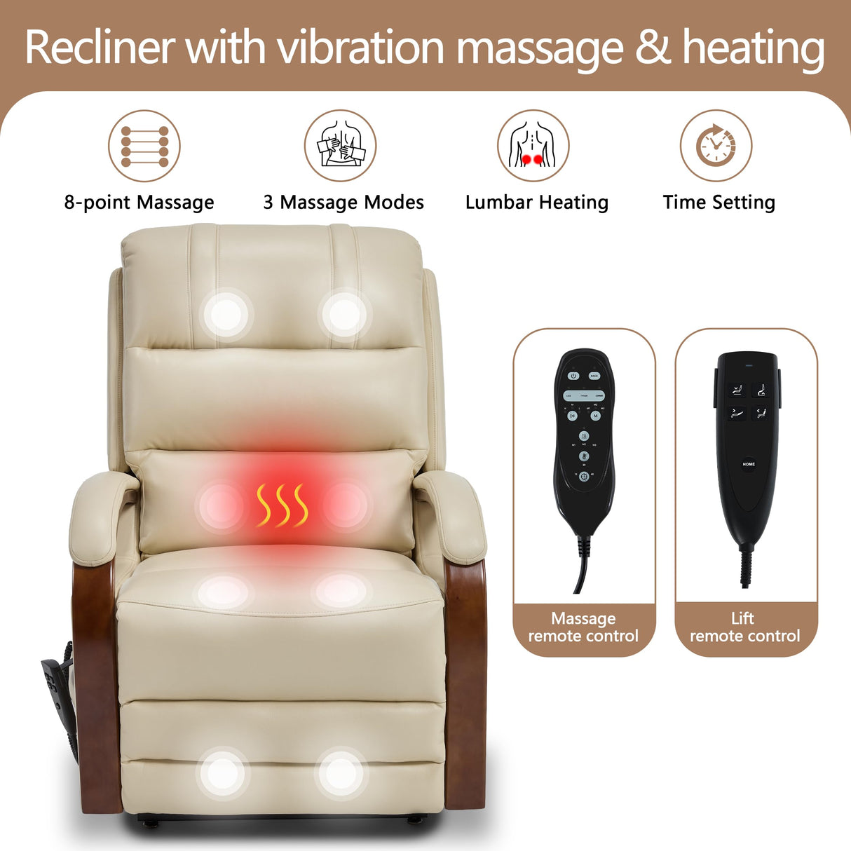 EZZUP Power Lift Recliner Chair for Elderly People, Dual Motor Lift Chair with Vibration Massage and Heat, Lay Flat Recliner with Solid Wood Armrest, Standing Assistance Reclining, Faux Leather Beige EZZUP