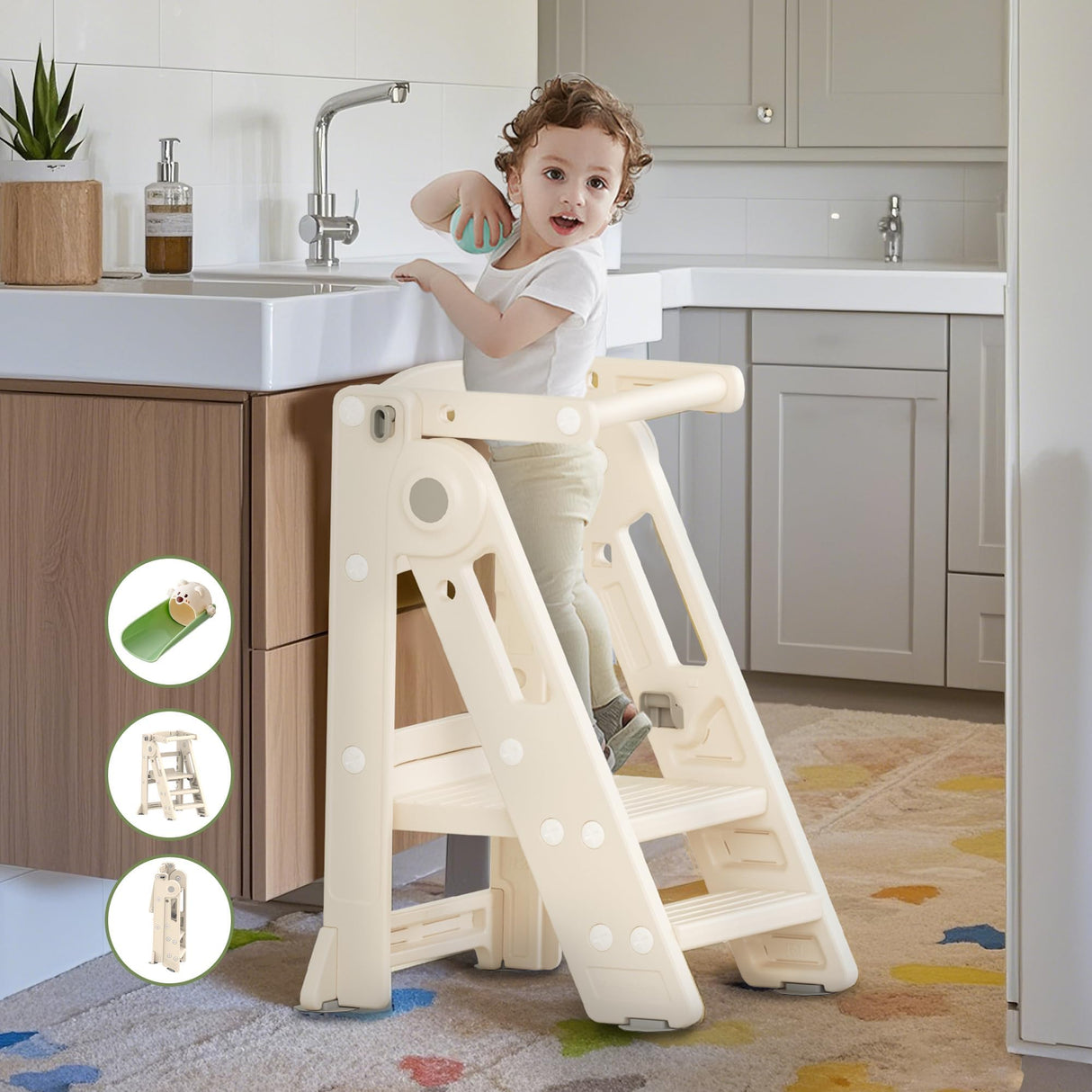 Foldable Toddler Tower Kitchen Step Stool for Sink Kids Adjustable Height Learning Tower for Children Montessori Learning Helper with Handles for Bathroom hoopyosms