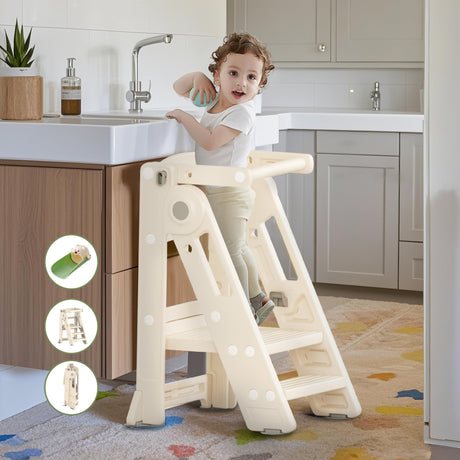 Foldable Toddler Tower Kitchen Step Stool for Sink Kids Adjustable Height Learning Tower for Children Montessori Learning Helper with Handles for Bathroom hoopyosms