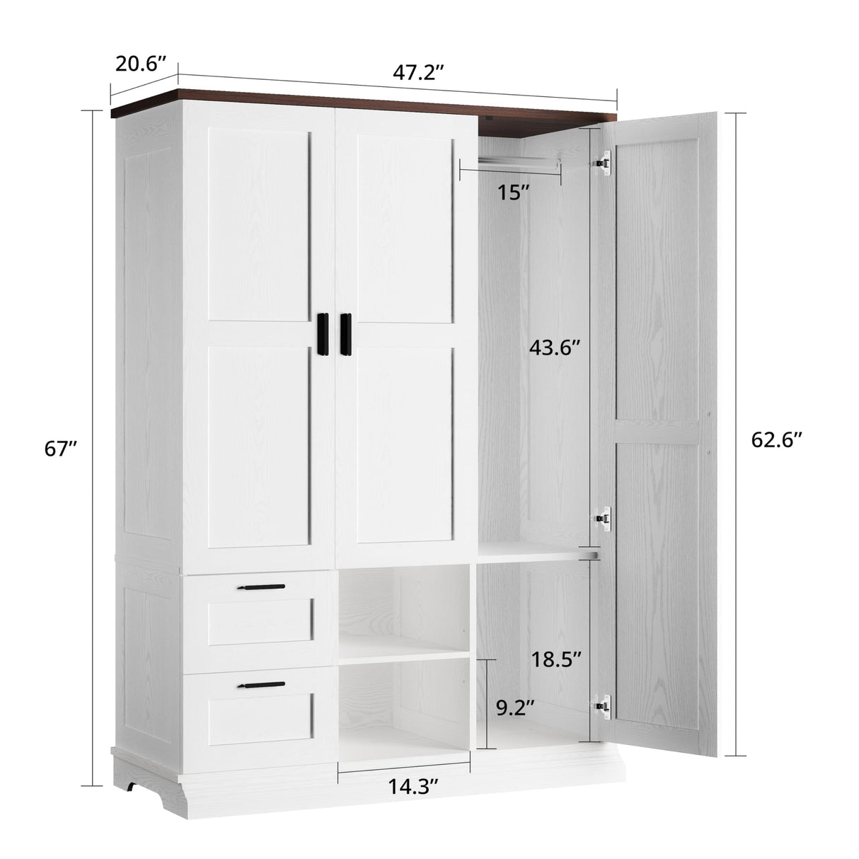 IRONCK Armoire Wardrobe Closet with 2 Drawers, 3 Doors, 2 Hanging Rods, Wardrobe Cabinet, Wooden Freestanding Bedroom Closet Cabinet with Adjustable Shelf, Storage Armoire, Rustic White IRONCK