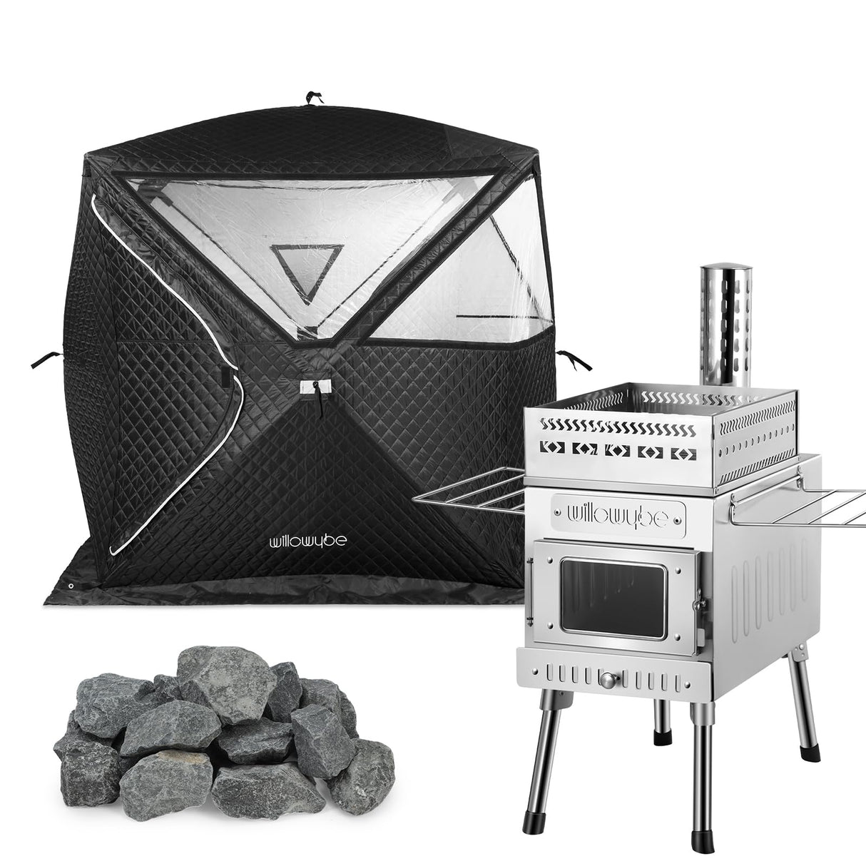 WillowyBe Portale Outdoor Sauna Set with Sauna Tent, Sauna Wood Stove, Sauna Stone for Dry Sauna, Cooking for Family and Friends WILLOWYBE