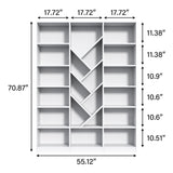 Nosepen 71" White Bookshelf, 6-Tier Floor Standing Bookcase with 13 Square Storage, Tall Bookshelf with Adjustable Shelves, Modern Tree Style Display Organizer for Office, Living Room, Library, White Nosepen