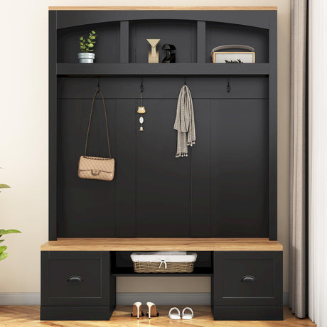 Merax Farmhouse 4-in-1 Hall Tree with Wood Grain Bench and Top, Multifunctional Coat Rack with Black Hooks and Shell Handles, Mudroom Bench with Adjustable Shelves for Hallway, Living Room Merax