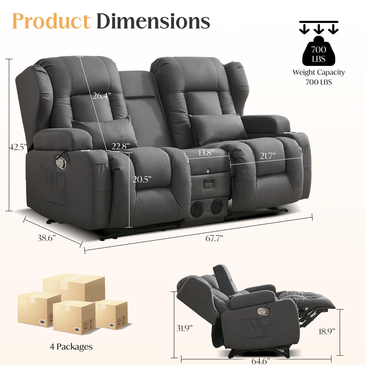 DRMBOOK Loveseat Rocker Recliner Sofa, Leathaire Fabric Dual Reclining Couch with Console, Manual Reclinable Double Seat 2 Person Recliner, RV Movie Seating for Travel Trailers Living Room (Drak Grey) DRMBOOK
