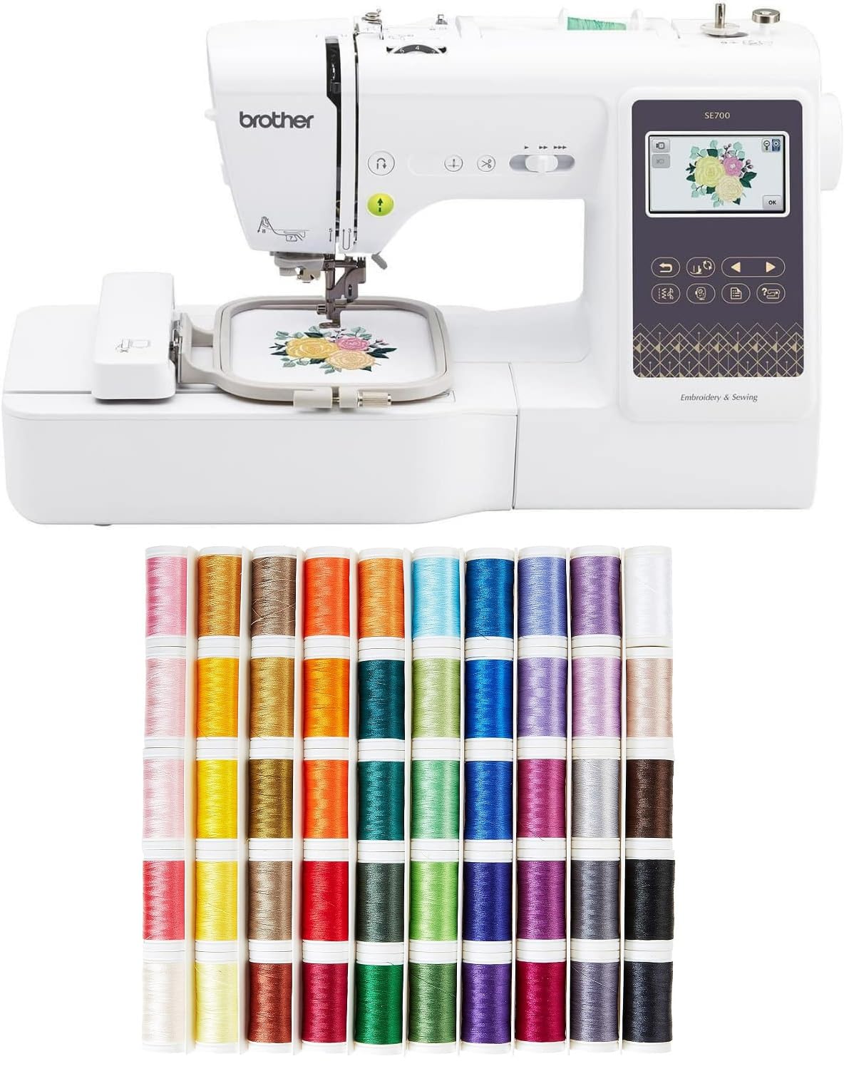 Brother SE700 Sewing and Embroidery Machine with Wireless LAN, 4" x 4" Hoop Area, 3.7" Touchscreen, SA650 Designio 50-Color Thread Set Brother