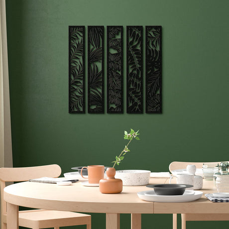 5 Pieces Wooden Wall Art Hollow Wall Decor Wood Wall Accents Themed Wood Panels for Home Decorations Bedroom Living Room, 15.7 x 2.9 x 0.2 Inch (Black, Leaf) Blulu