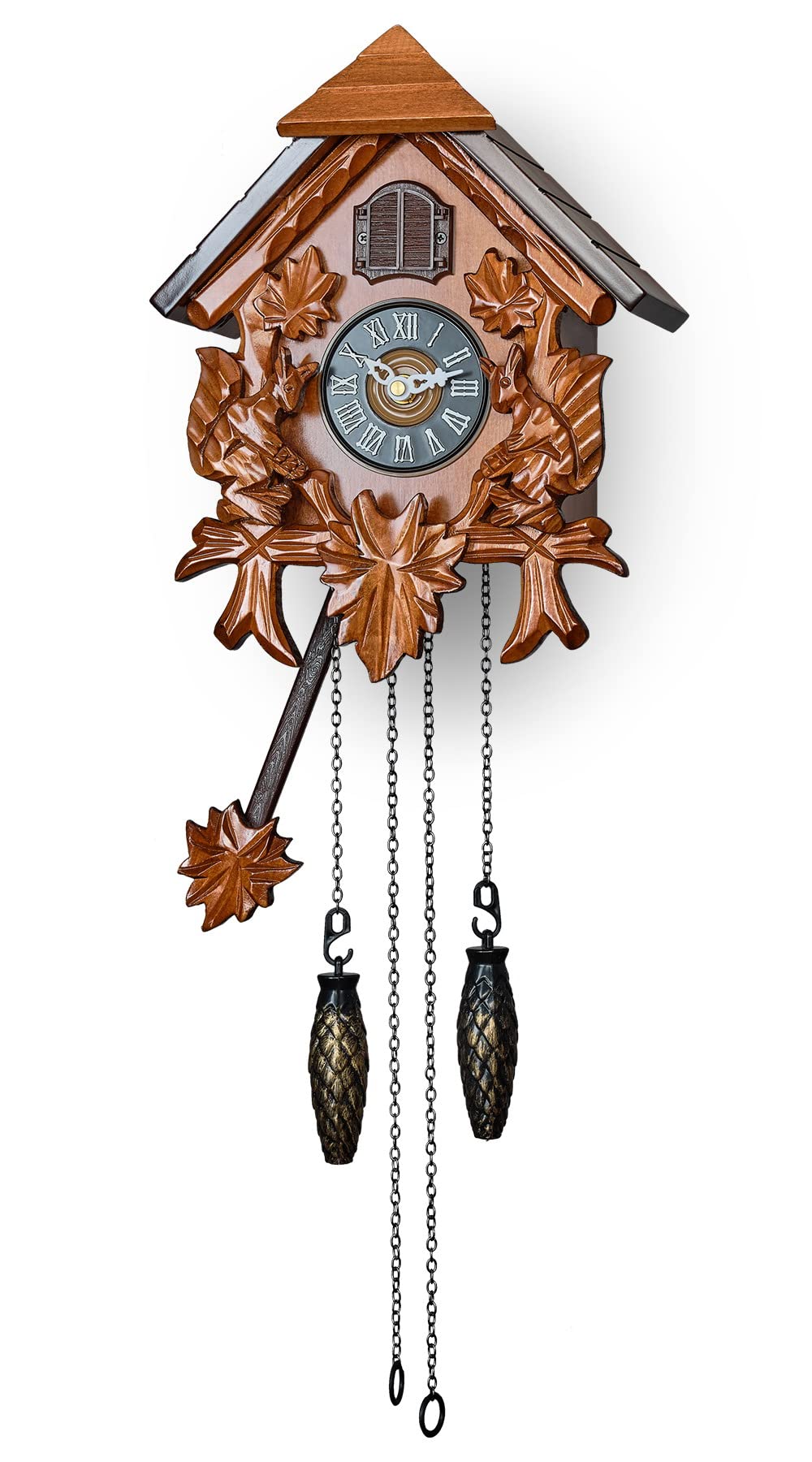 TIMEGEAR Cuckoo Wall Clock with Night Mode in Traditional German Style with Carved Squirrels (Cherry) TIMEGEAR