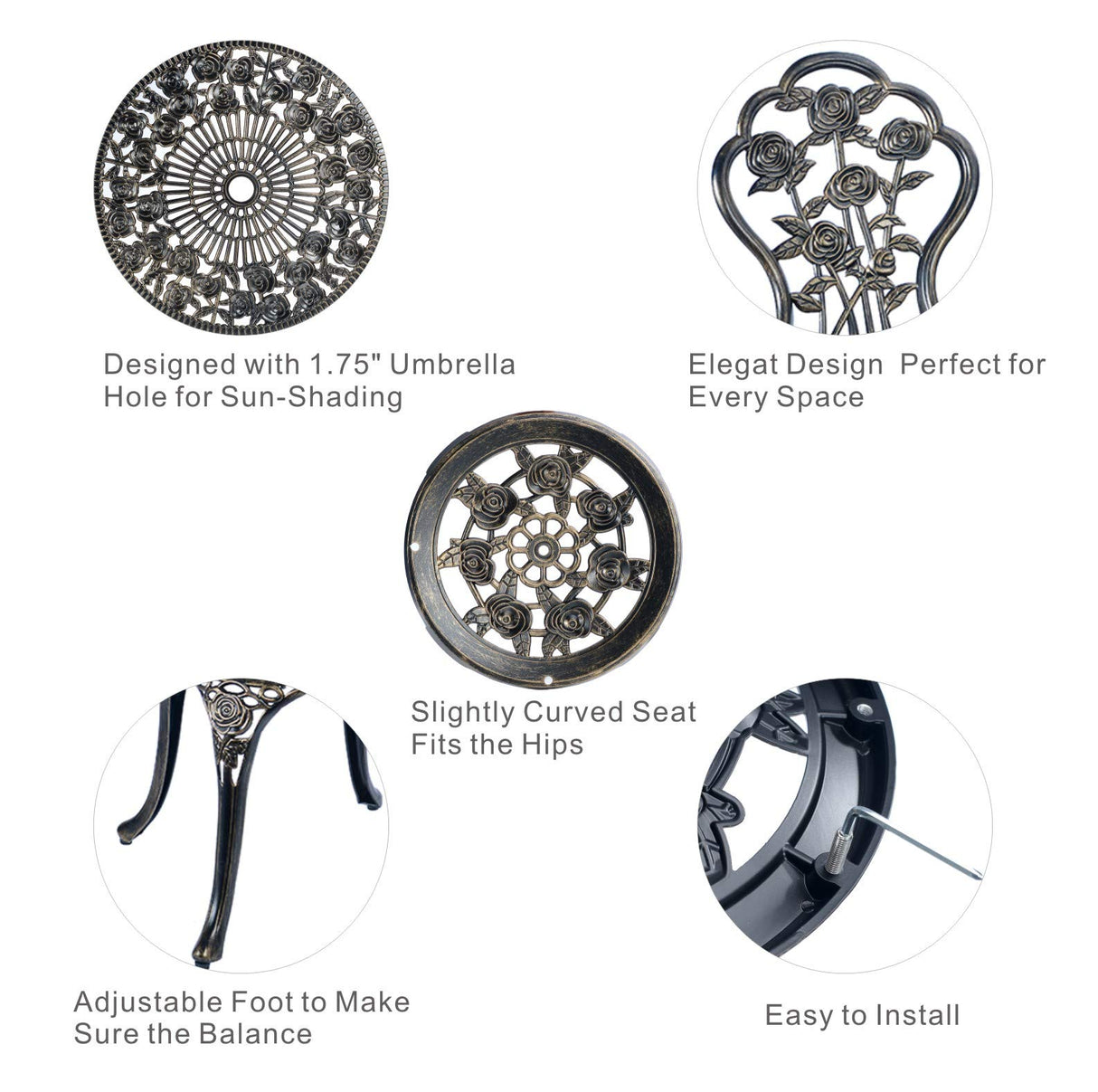 C/G 3 Piece Bistro Set,Outdoor Patio Set,Anti-Rust Cast Aluminum Bistro Table Set for Park Yard Front Porch Furniture(Antique Copper) C/G