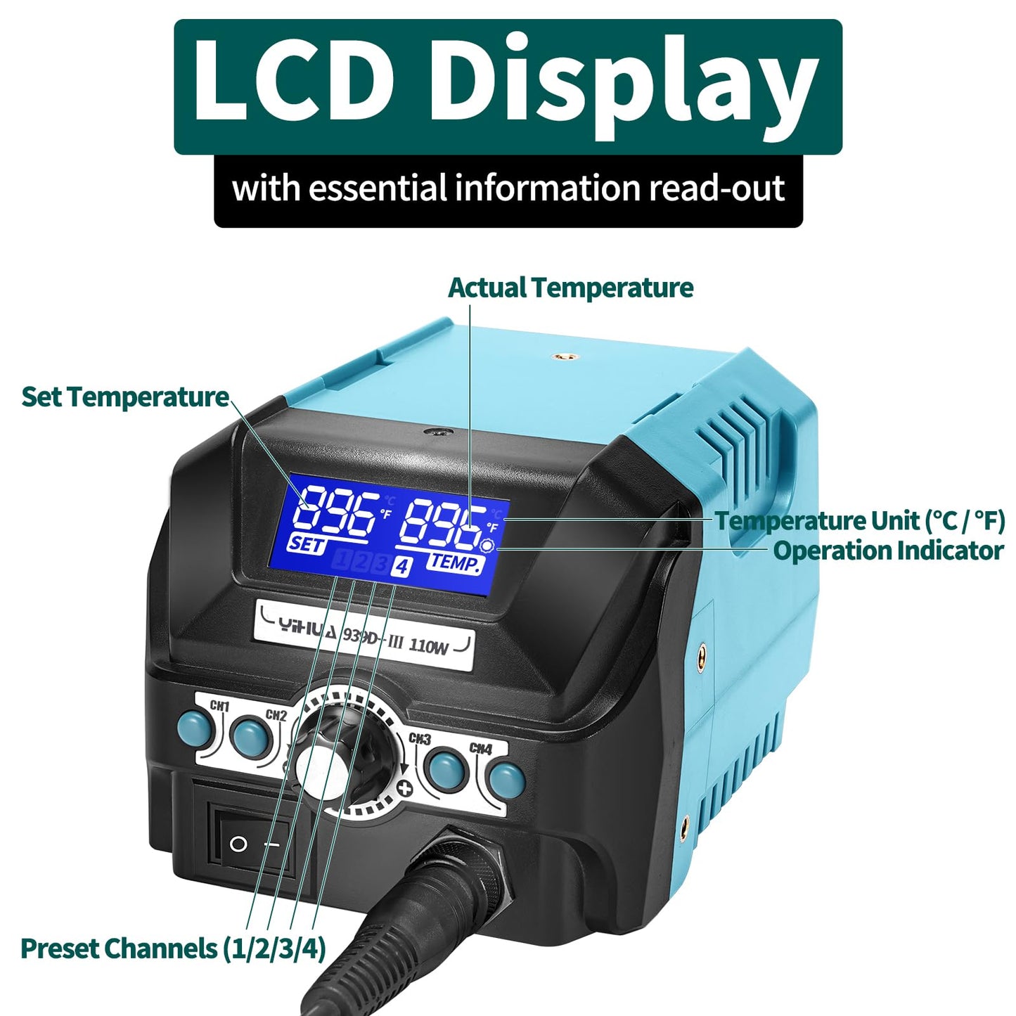 YIHUA 939D+ III EVO Digital Soldering Iron Station Kit 110W High Power with LCD display, 4 Memory Channels, Sleep Mode, Digital Calibration, Solder Wire, Helping Hands, Magnifier, 3 Soldering Tips