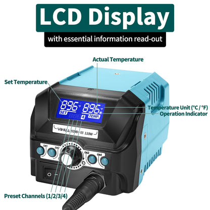 YIHUA 939D+ III EVO Digital Soldering Iron Station Kit 110W High Power with LCD display, 4 Memory Channels, Sleep Mode, Digital Calibration, Solder Wire, Helping Hands, Magnifier, 3 Soldering Tips