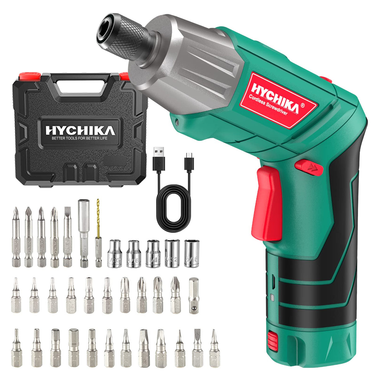 Cordless Screwdriver, HYCHIKA 4V 2.0Ah Electric Screwdriver Rechargeable Screw Gun & Bit Set, Front LED and Rear Flashlight, Ratchet Wrench, DC Charging with USB Cable, 36pcs Accessories HYCHIKA BETTER TOOLS FOR BETTER LIFE
