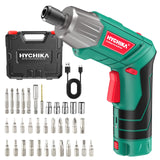 Cordless Screwdriver, HYCHIKA 4V 2.0Ah Electric Screwdriver Rechargeable Screw Gun & Bit Set, Front LED and Rear Flashlight, Ratchet Wrench, DC Charging with USB Cable, 36pcs Accessories HYCHIKA BETTER TOOLS FOR BETTER LIFE