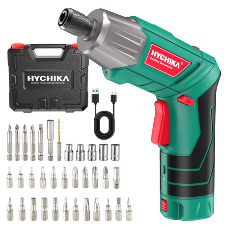 Cordless Screwdriver, HYCHIKA 4V 2.0Ah Electric Screwdriver Rechargeable Screw Gun & Bit Set, Front LED and Rear Flashlight, Ratchet Wrench, DC Charging with USB Cable, 36pcs Accessories HYCHIKA BETTER TOOLS FOR BETTER LIFE