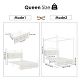 Queen Upholstered Canopy Bed Frame with 2 Drawers & Crystal Tufted Storage Headboard Metal Platform Bed with Charging Station & 4 Removable Posts No Box Spring Needed Curtain Not Included, Beige Keyluv