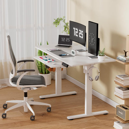 CROWNFURN Electric Standing Desk with Keyboard Tray, Adjustable Height Stand Up Desk for Home Office, 48x24 Inches Sit Stand Desk Computer Workstation, White Frame & Desktop - WoodArtSupply