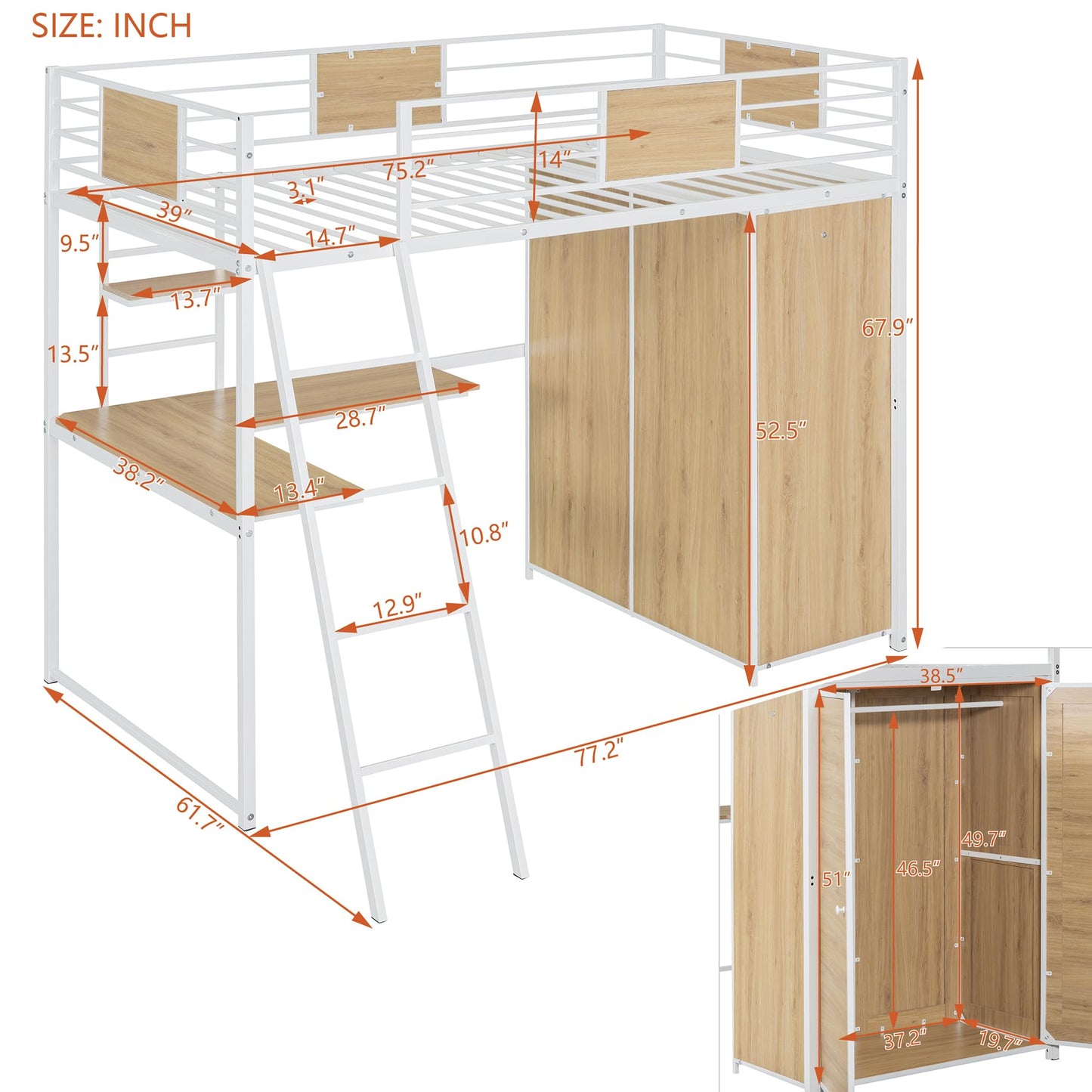 Twin Loft Bed with Desk and Storage Shelf, Twin Size Loft Bed with Wardrobe and L-Shaped Desk, Heavy Duty Loft Bed with Ladder and Guardrail(Twin Loft Bed White)