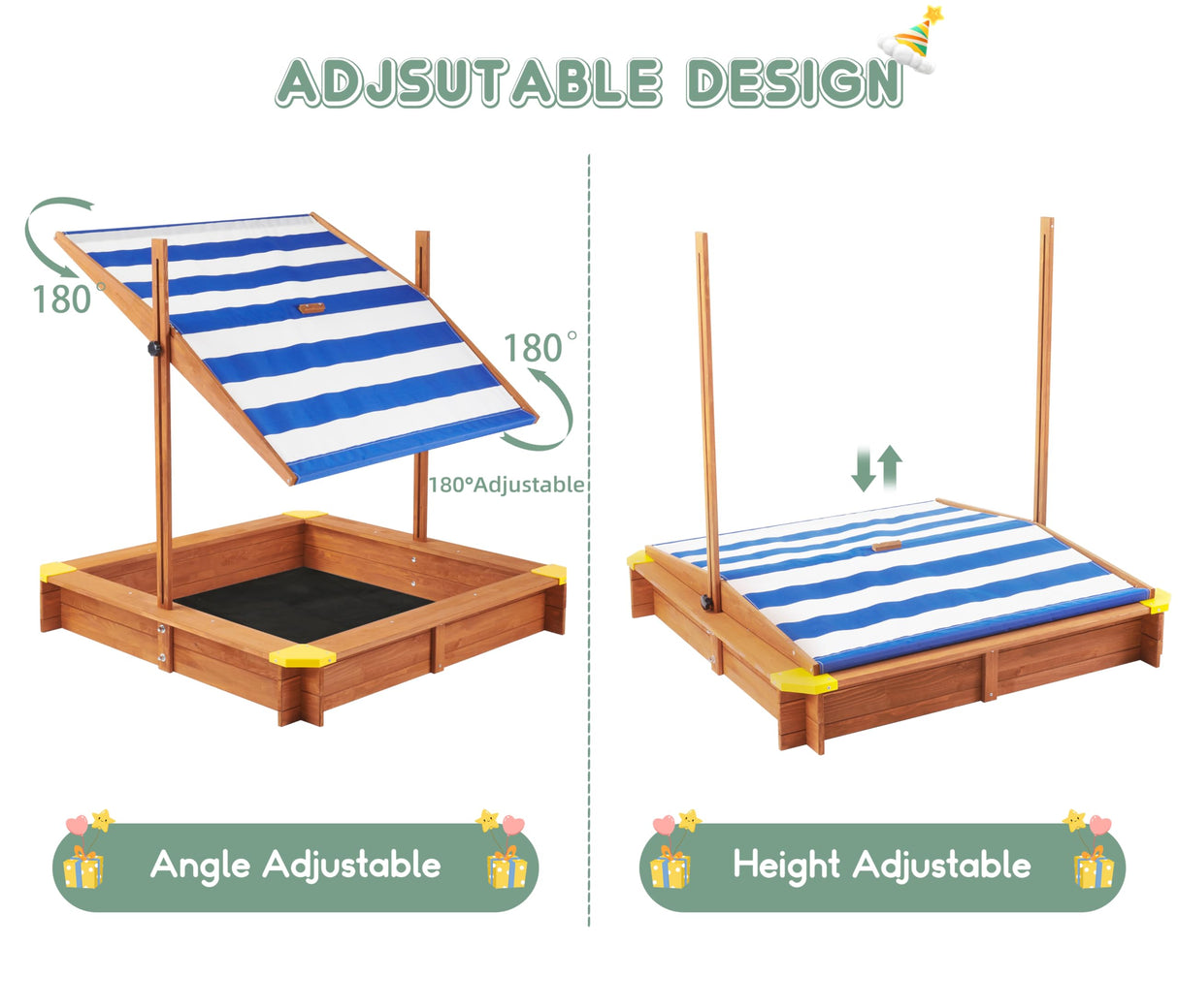 Kids Sandbox with Cover, 46" Wooden Sand Box w/Adjustable Canopy, Large Outdoor Cedar Sandpit for Backyard Play Mederra