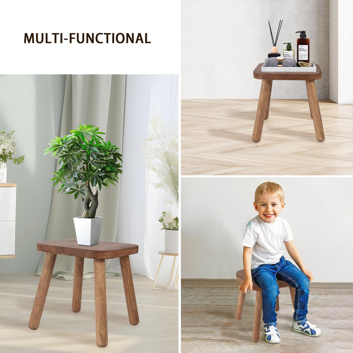 Jurath Natural Solid Wood Step Stool Wood Stool for Kids 11.7'' Sturdy Sitting Stool Wooden Step Stool for Adults Square Stool Wood Plant Stand Small Foot Stool with Four Detachable and Assembled Legs Jurath