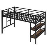 Metal Twin Size Low Loft Bed with Storage Sheves for Kids,Heavy Duty Kids Loft Bed for Boys Girls Junior,Space Saving,Black Bellemave